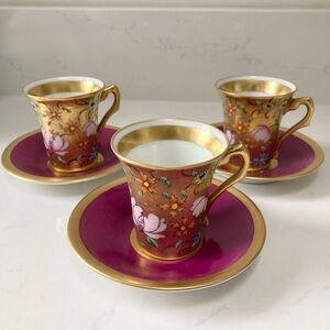 Floral Gold and Berry Espresso or Demitasse Teacup Set. 3 cups and 3 Saucers